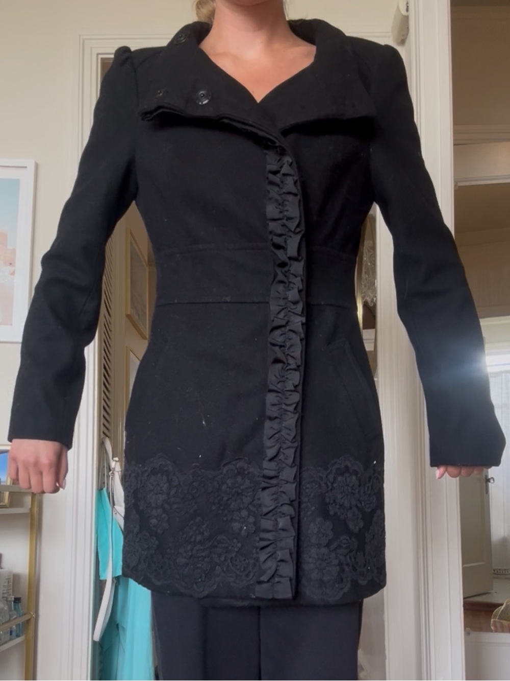 bebe Black Lace Hem Ruffle Front Coat